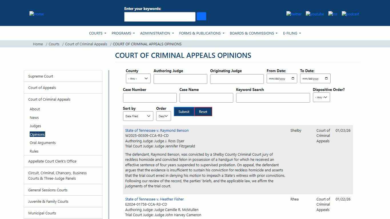 COURT OF CRIMINAL APPEALS OPINIONS Tennessee Administrative Office of the Courts